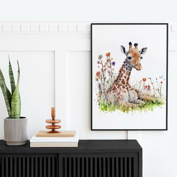 16x20‎ Giraffe Resting Wildflowers Dragonfly Watercolor Oil Painting Art Print - Picture 6 of 6